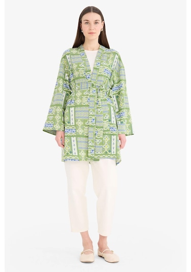 Defacto Relax Fit Bisiklet Yaka Desenli Viskon Kimono E7262ax25smgn706 Yeşil