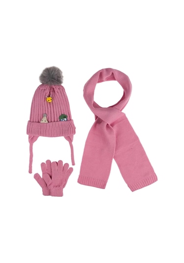 Kitti Bebe Kız Atkı - Bere - Eldiven Takım 1-4 Yaş K24160-03 Pembe