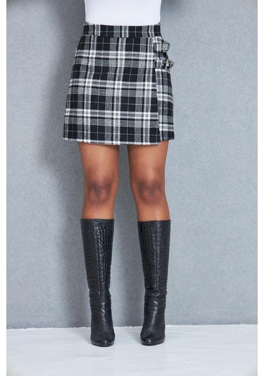 Kadın Siyah Ekoseli Toka Detaylı Mini Etek Dm2029 Siyah