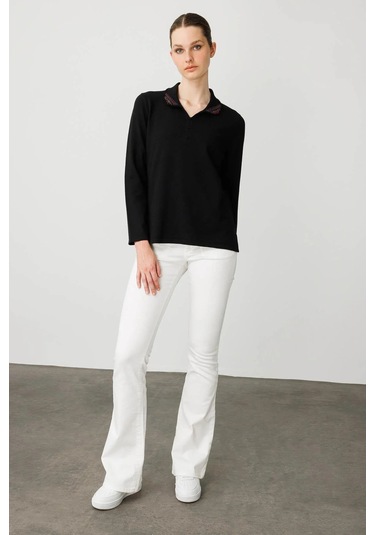 Desen Triko Kadın Polo Yaka Likralı Bluz 25091 Siyah Siyah