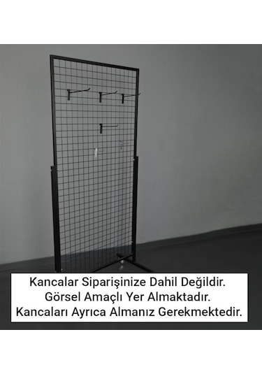 Tekerlekli Sık Telli Tel Raf - Tel Pano Stand, Duvar Askılığı 60x190 Cm Siyah