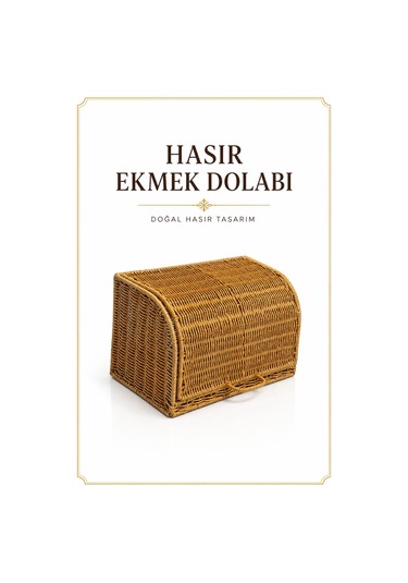 Ekmek Dolabı Kapaklı, Hasır Detaylı 35 Cm Krem