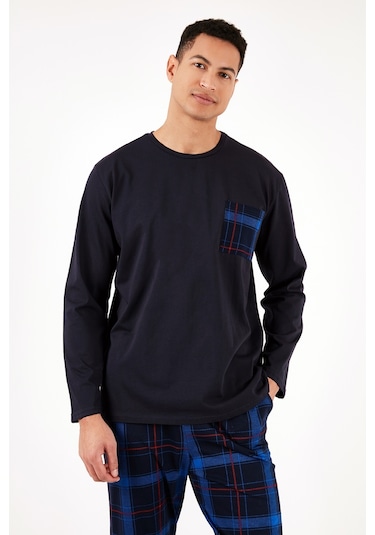 Buratti Ekoseli Cepli Beli Lastikli % 100 Pamuk Regular Fit Erkek Pijama Takımı 6572001 Lacivert-Saks