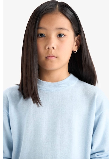 Defacto Kız Çocuk Standart Fit Bisiklet Yaka Triko Kazak C6902a825aube366 Mavi