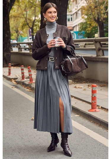 Seçil Kadın Kemer Detaylı Pileli Etek 0013 Gri Gri