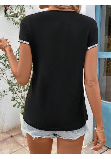 Kadın Kısa Kollu Önden Fermuarlı Kol Ucu Işıltılı Viskon Bluz Siyah