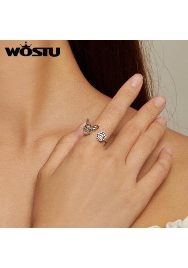 Wostu 925 Ayar Gümüş Beyaz Tavşan Saat Halkası Açık Yüzükler Kız Doğum Günü Partisi Hediye