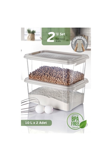 2'li Mega 10l Un Bakliyat Erzak Kabı - Kilitli Kapaklı Banyo Düzenleyici Deterjanlık Saklama Kutusu Bej