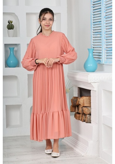 Kız Çocuk Uzun Boydan Pliseli Pamuklu Şifon Uzun Elbise SOMON