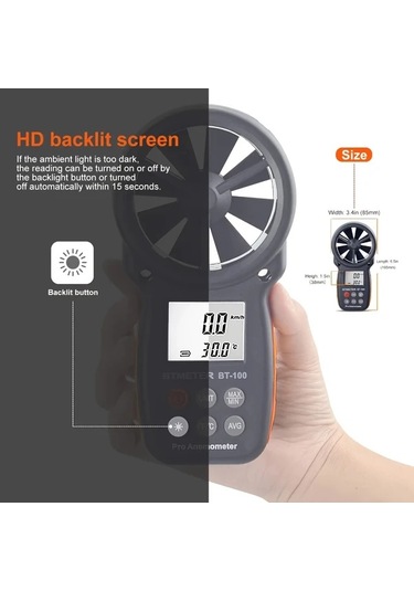 Boatshop1 Bt 100 Siyah Dijital El Tipi Anemometre Ruzgar Hizi Olcumu Sicaklik Ve Ruzgar Sogutma Arka Işıklı Lcd Ekran