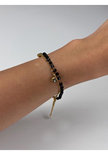 Siyah Boncuklu Sallantılı Taşlı Altın Kaplama Bileklik Altın