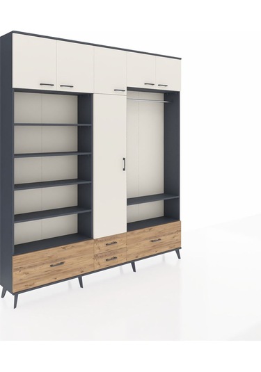 Arges Dolap 18 Raflı 4 Çekmeceli Tek Askılı 220x30x243 Antrasit-aytaşı/çam Aytası/atlas Çam