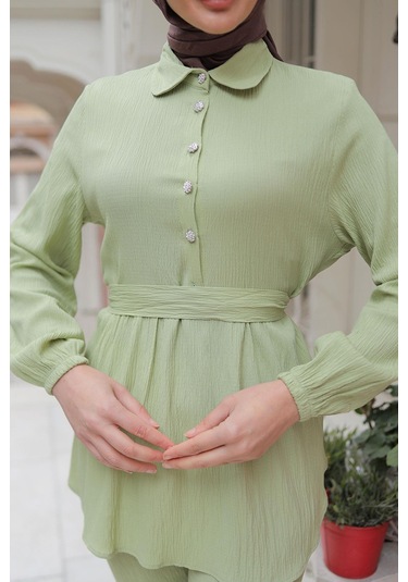 Taş Düğme Detaylı Takım Mint Yeşili Mintyeşili Mint Yeşili