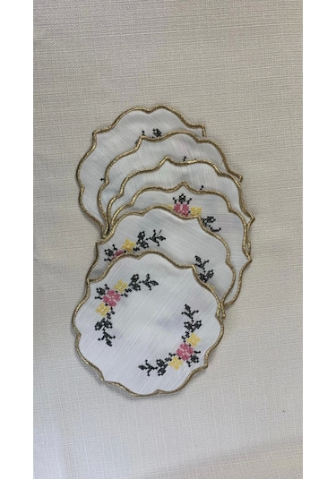 Nivemeshome Kanaviçe Nakışlı Sarı-pembe Oval 6 Adet Keten Kokteyl Peçetesi Kahve Yanı Sunumluk Çok Renkli