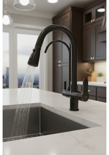 0650 Arıtmalı Spiralli Mutfak Bataryası Siyah Beyaz Krom Gold Renk Siyah