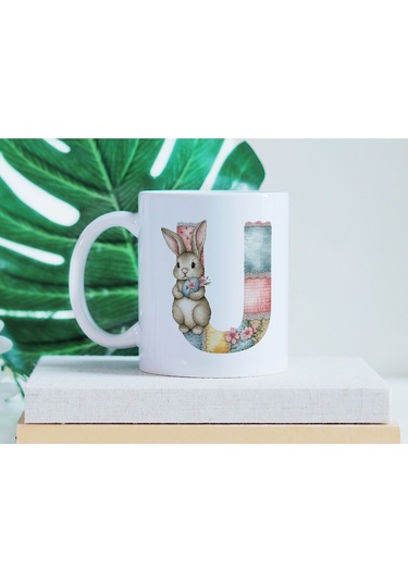 U Harfli Tavşan Kupa - Patchwork / Yamalı Desenli İsme Özel Kupa - Pastel Vintage Tarz Hediyelik Beyaz