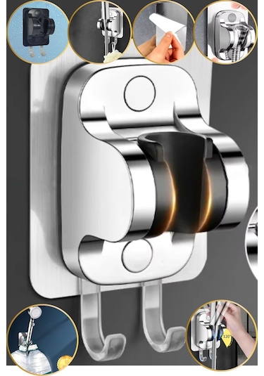 Duş Başlık Tutucu Yapışkanlı Duş Başlığı Tutucu Ayarlanabilir Duş Başlığı Tutucu Delme Gerektirmez Gri - Gümüş