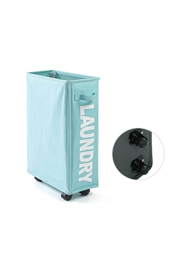 Mavi Evrensel Tekerlekler Köşe Katlanabilir Oxford Kumaş Çamaşır Sepeti Mesh İle Rolling İnce Çamaşır Sepeti Mavi Mavi