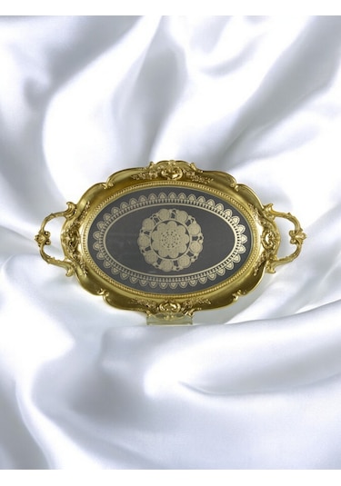 Polyester Desenli Oval Epoksi Cam Tepsi - Gold Gold