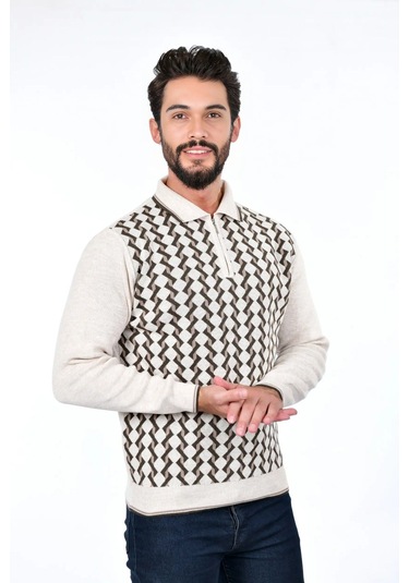 Kamalı Erkek Çelik Örgü Gömlek Yaka Fermuarlı Polo Yakalı Tüylenmez Triko Kışlık Baba Kazak Taş