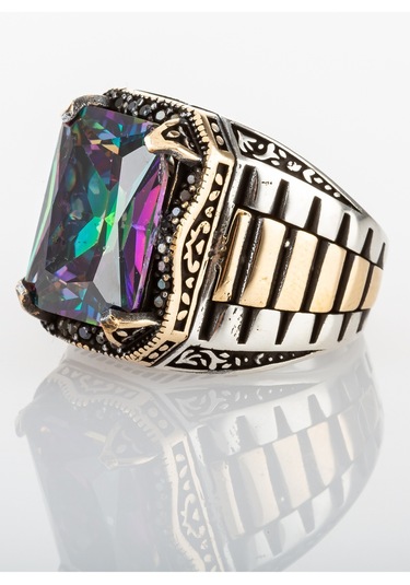 Gümüş Mistik Topaz Taşlı Saat Kordon Model Erkek Yüzük