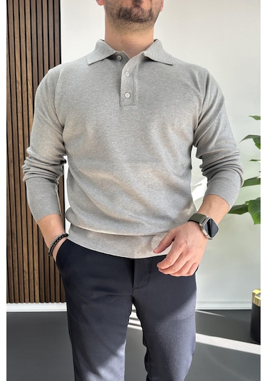 Erkek Düğmeli Polo Yaka Kazak Gri Edw231 Gri