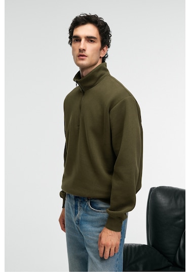 Grimelange Baxter Erkek Dik Yakalı Fermuarlı Relaxed Koyu Haki Sweatshirt Koyu Haki