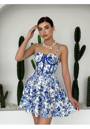 Hanks İp Askılı Elbise Mavi - Beyaz