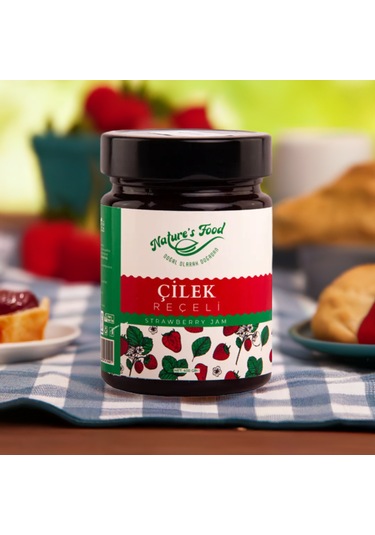 Çilek Reçeli Premium Series 400gr Cam Şişe %65 Çilek Doğal İçerik Doğal Tat Nature's Food