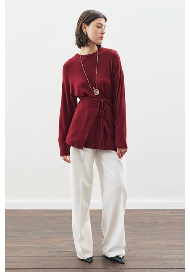Beli Bağlama Tasarımlı Bluz Bordo Bordo
