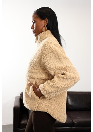 Camel Dik Yaka Peluş Mont Camel