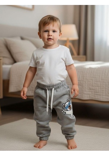 Zekids Bebek Ayıcık Desenli Eşofman Alt-16391 Gri