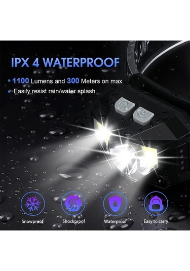 Ulzyvf Şarj Edilebilir Baş Lambası, Beyaz Kırmızı Işık, 1100 Lumen, 2 Paket Hareket Sensörlü Su Geçirmez Baş Işıkları Siyah