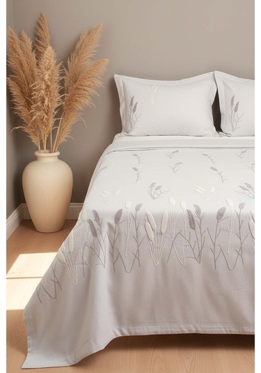 Açık Gri Willow Breeze Desen Çift Kişilik Nakışlı Yatak Örtüsü Seti