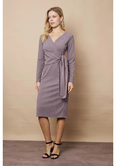 Kadın Kadife Kumaş Kruvaze Anvelop Bağcıklı Uzun Kol Diz Altı Elbise-gri Gri