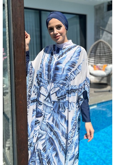 Remsa Mayo Tesettür Mayo Üzerine Desenli Tek Kaftan Pareo 430-301 Maldiv Mavi Mavi