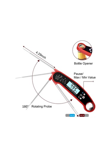 Mufunye Kırmızı 304 Paslanmaz Çelik, 2-4sn Hızlı Okuma, Ip67 Su Geçirmez, Manyetik Tutucu Ve Şişe Açıcı Özellikli, Ev Ve Dışarıda Kullanım İçin Barbekü, Pişirme, Gıda Sıcaklık Ölçer Kırmızı