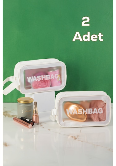 Porsima 3140-1 2li Şeffaf - Beyaz Seyahat Ve Makyaj Çantası Su Geçirmez Organizer Washbag 21x13cm
