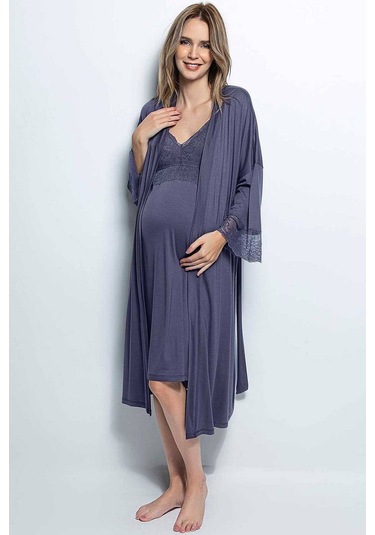 Monamise 18428 Hamile Lohusa Sabahlıklı Gecelik Takım - Lacivert