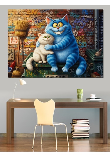 Mavi Şişman Kedi Ve Arkadaşı Dekoratif Kanvas - Mdf Ahşap Tablo