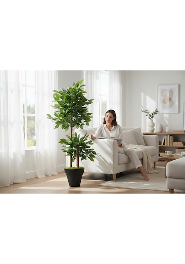 Yapay Çiçek Siyah Saksıda Benjamin Salon Balkon Ev Ağacı Yeşil Bitkisi Bambu Gövdeli Dolgun 105 Cm Yeşil