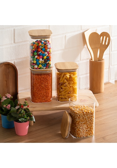 Porsima 4395 4lü Kare 1100 Ml Bambu Vakumlu Kapaklı Cam Kavanoz Seti Saklama Kabı 10x15cm Şeffaf