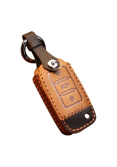 Tongxida Volkswagen Anahtar Koruyucu Kapak, Kahverengi 2 Adet Sığır Derisi Deri, D Versiyonu Uyumlu