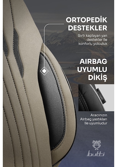 Bej - Siyah Butti Talos Serisi Premium Oto Koltuk Kılıfı Ortopedik Destekli, Ön Arka Tam Set, Aırbag Uyumlu