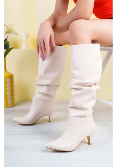 Sr-2001 Bej Körüklü İnce Topuklu Günlük Bayan Çizme Resimdeki Renk