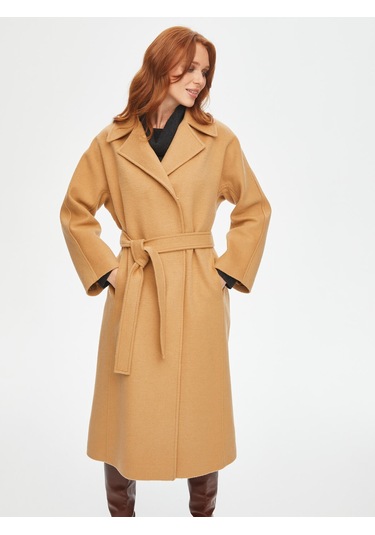 Beli Kuşaklı Yün Karışımlı Manto 69464 U6946434 Bej