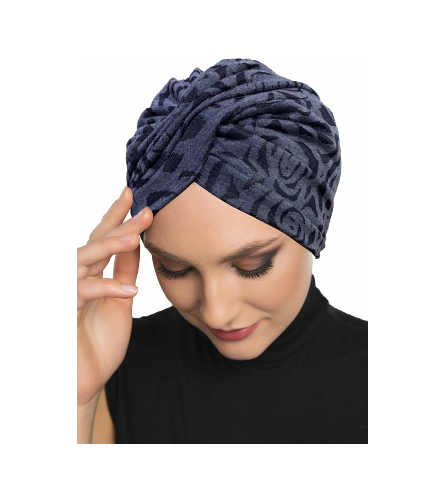 Desenli Çapraz Penye Lacivert Gül Desenli Hazır Türban Tesettür Havuz Bonesi Lacivert Gül