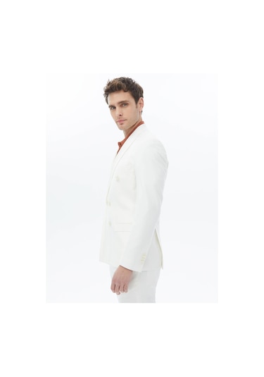 Kip Ekru Düz Slim Fit Takım Elbise Ekru
