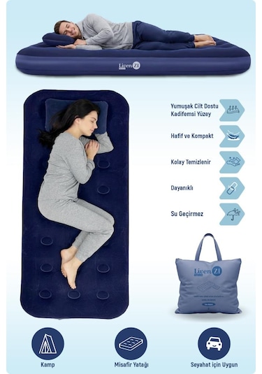 Livenzi Tek Kişilik Şişme Yatak & Yastık 191 76 22 Cm Lacivert