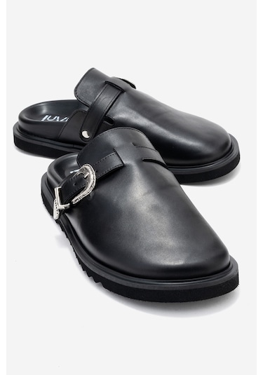 Vesta Siyah Cilt Tokalı Hakiki Deri Kadın Burnu Kapalı Terlik Siyah